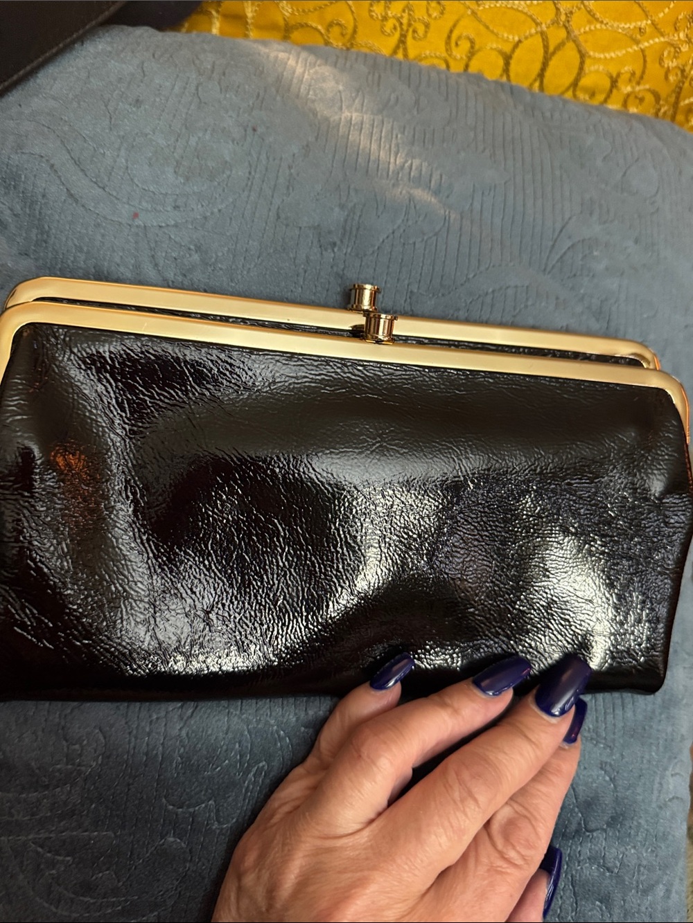 HOBO Black Patent Wristlet Clutch with Gold Frame